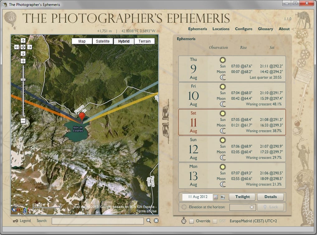 Captura de pantalla TPE. Luna de la noche entre el 10 y el 11 de agosto